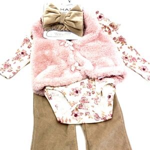 Tahari Baby Outfit Size 3/6m Girls Matching 4pc Set Bodysuit Headband Pants Vest